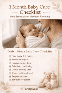 mother holding newborn during 1 month baby care routine