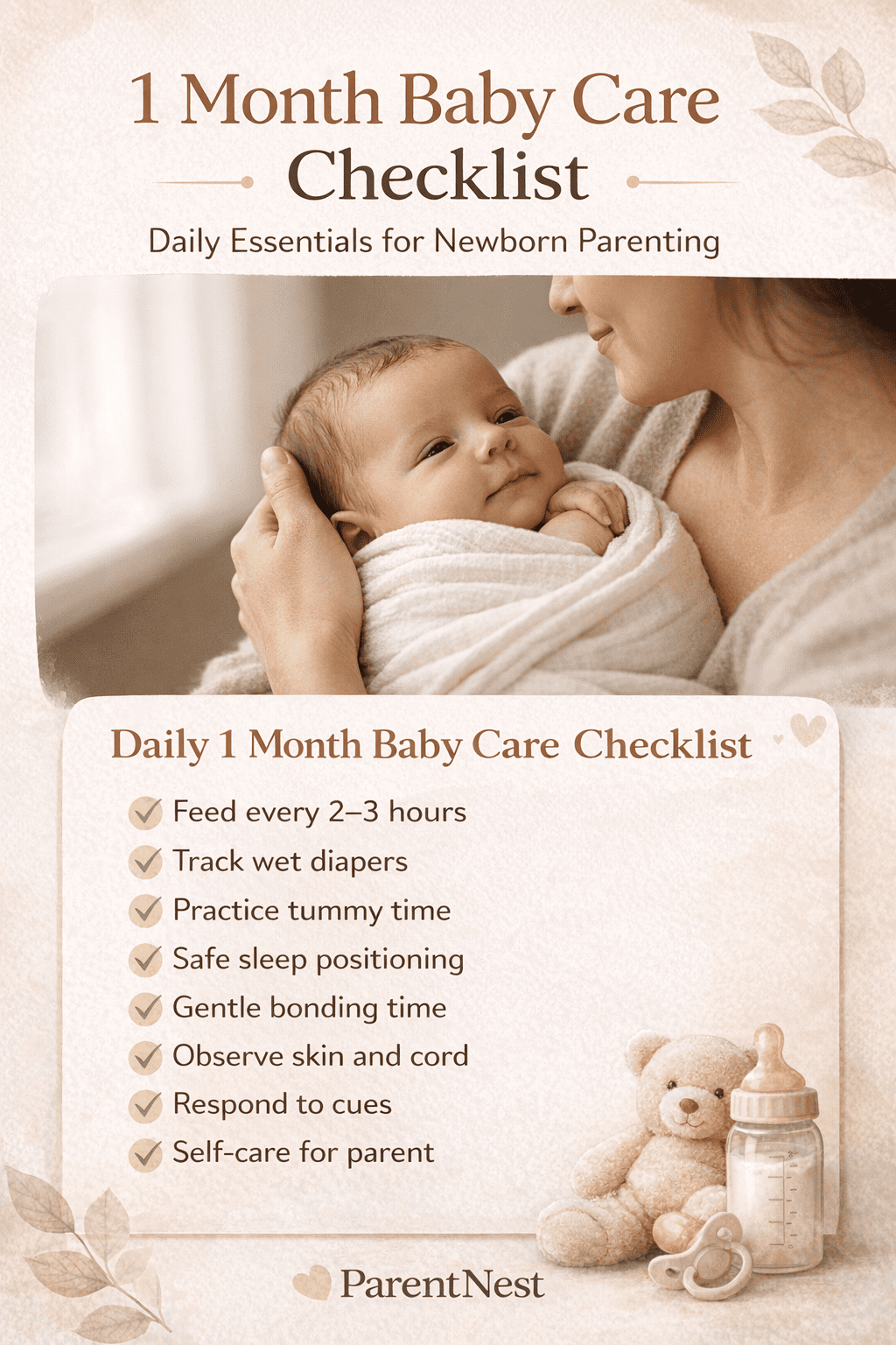 mother holding newborn during 1 month baby care routine