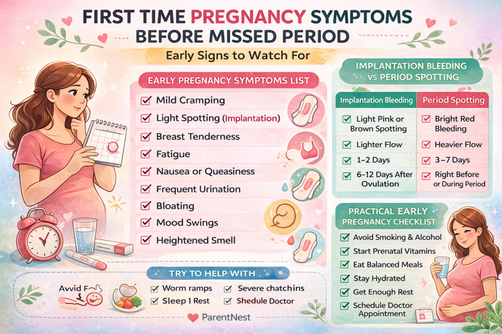 first time pregnancy symptoms before missed period checklist