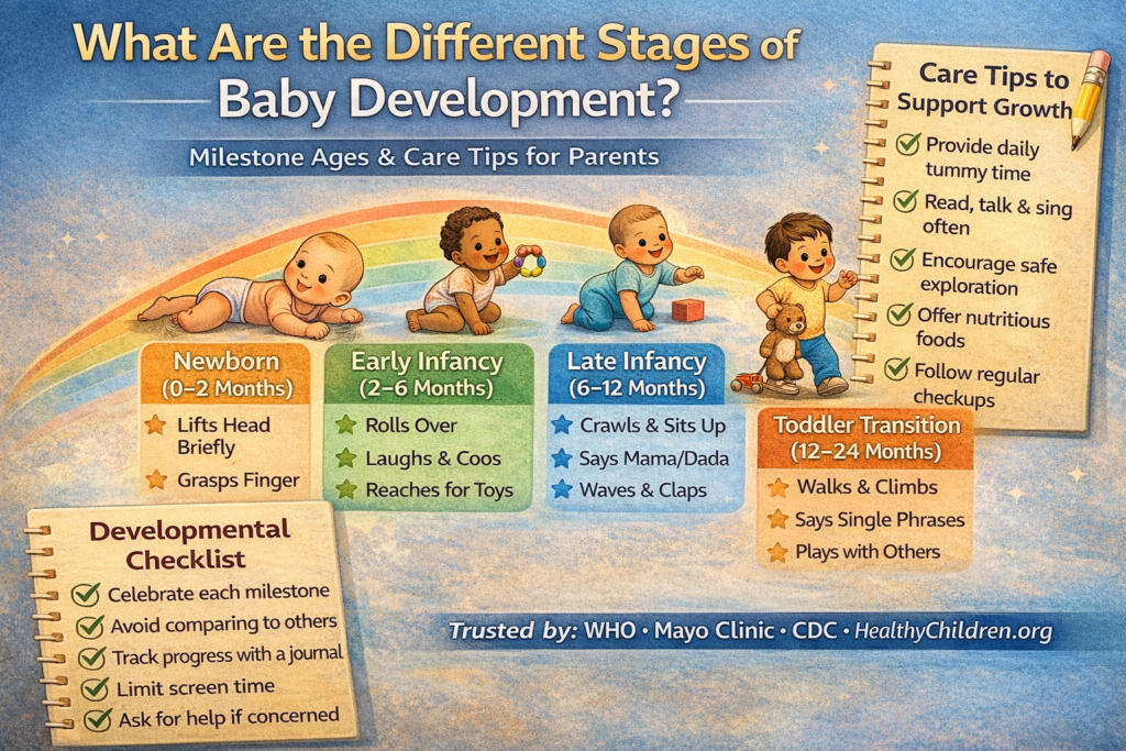 baby development milestones by age infographic