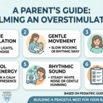 Mother swaddling an infant to address baby overstimulated signs and how to calm.