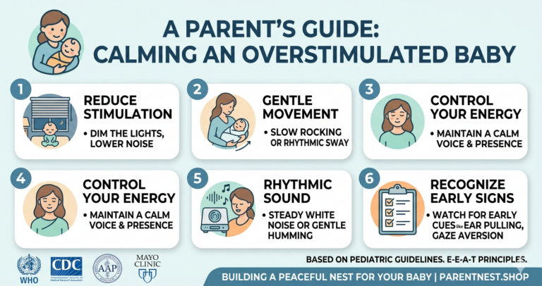 Mother swaddling an infant to address baby overstimulated signs and how to calm.