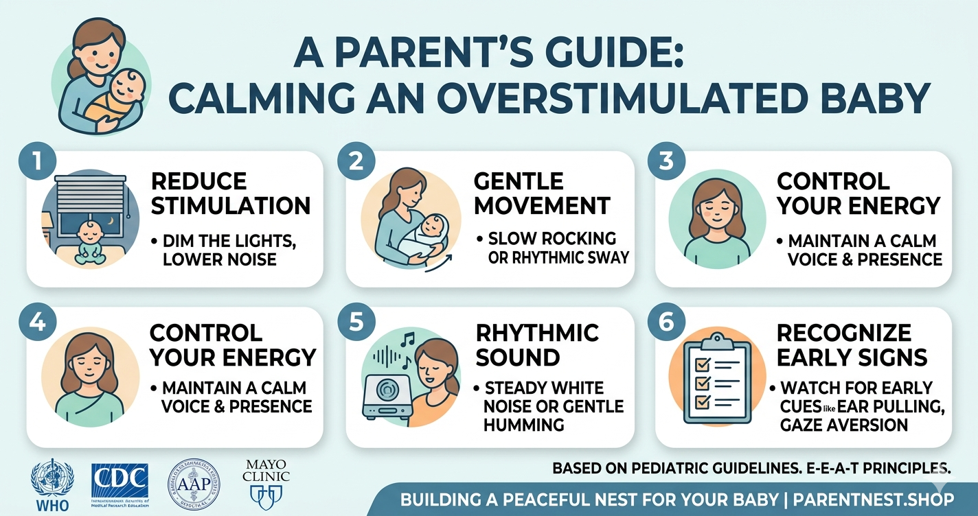 Mother swaddling an infant to address baby overstimulated signs and how to calm.