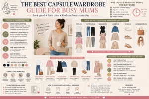 Capsule wardrobe flat lay Alt: capsule wardrobe essentials for busy mums