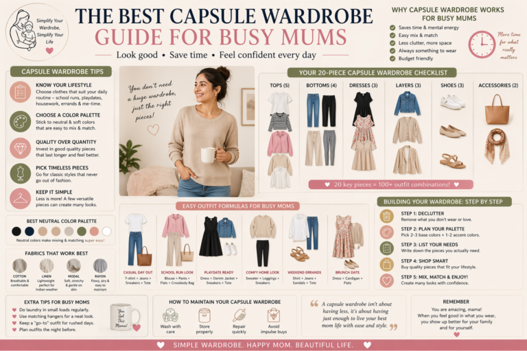 Capsule wardrobe flat lay Alt: capsule wardrobe essentials for busy mums