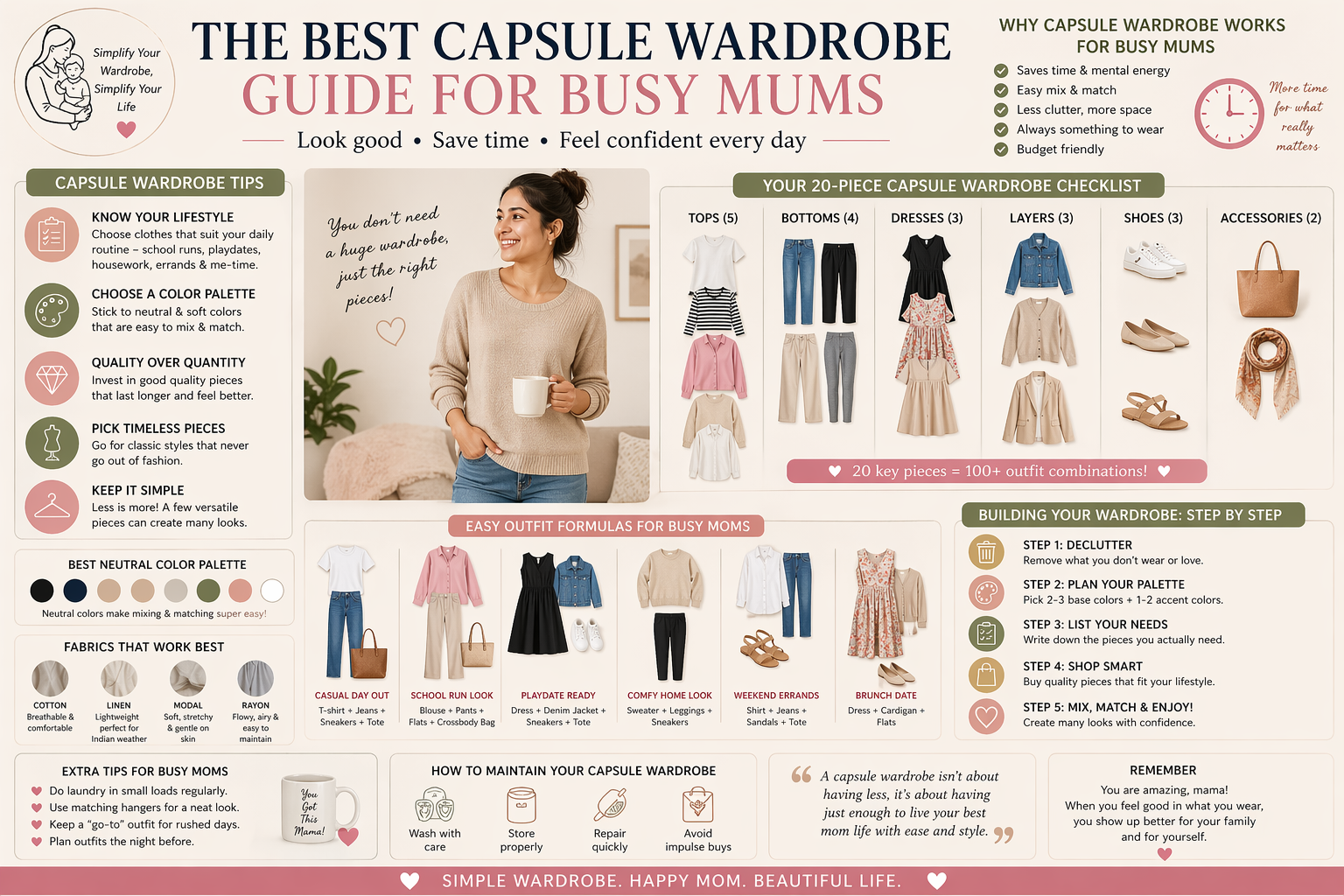 Capsule wardrobe flat lay Alt: capsule wardrobe essentials for busy mums