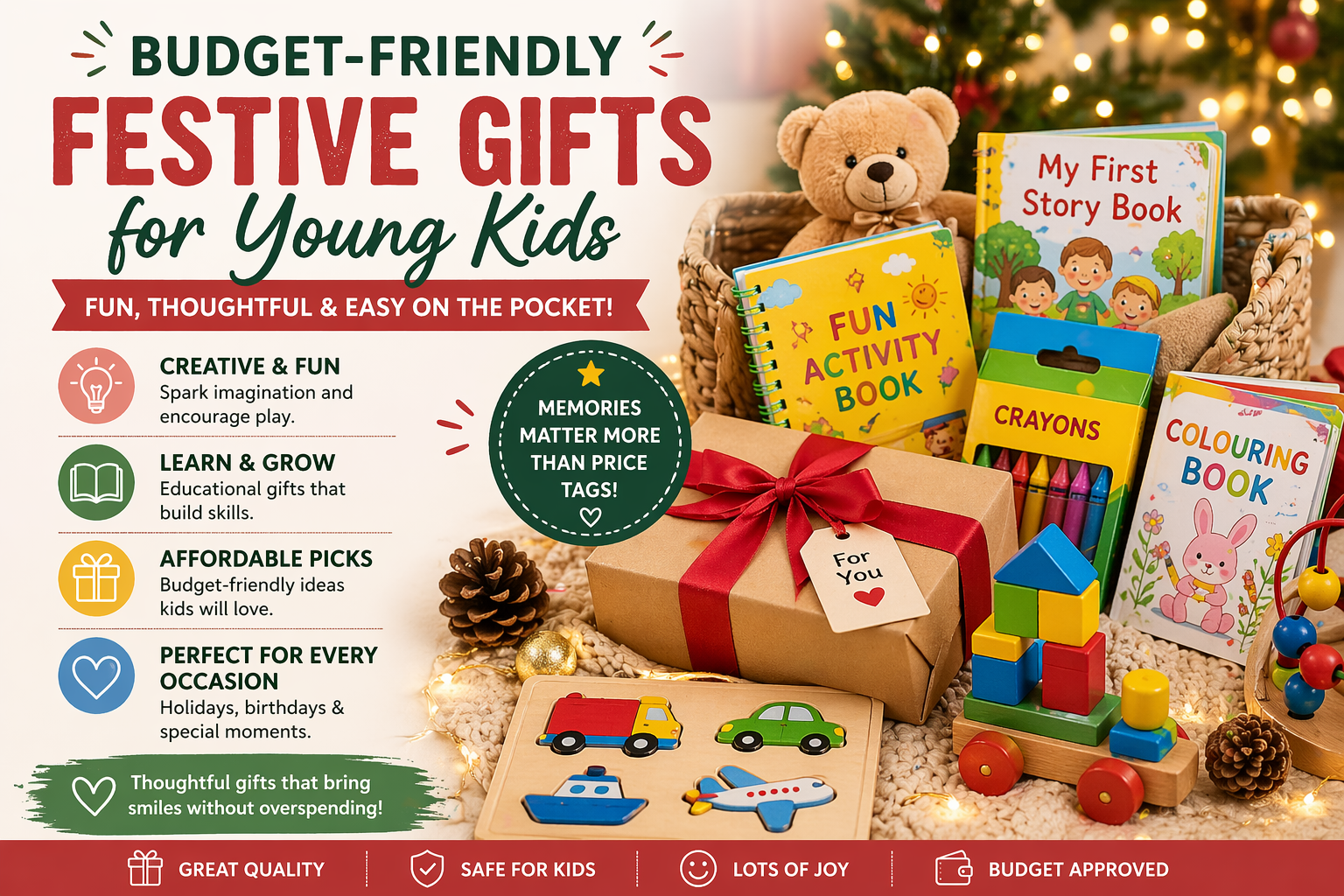 Young children reaching excitedly for wrapped Christmas gifts under a festive tree — budget-friendly gift ideas for kids
