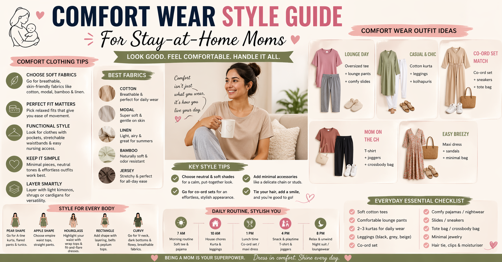 Comfortable stay-at-home mum outfit idea — cosy joggers and oversized knit jumper in neutral tones