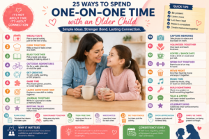 parent spending one-on-one time with older child at cafe laughing together