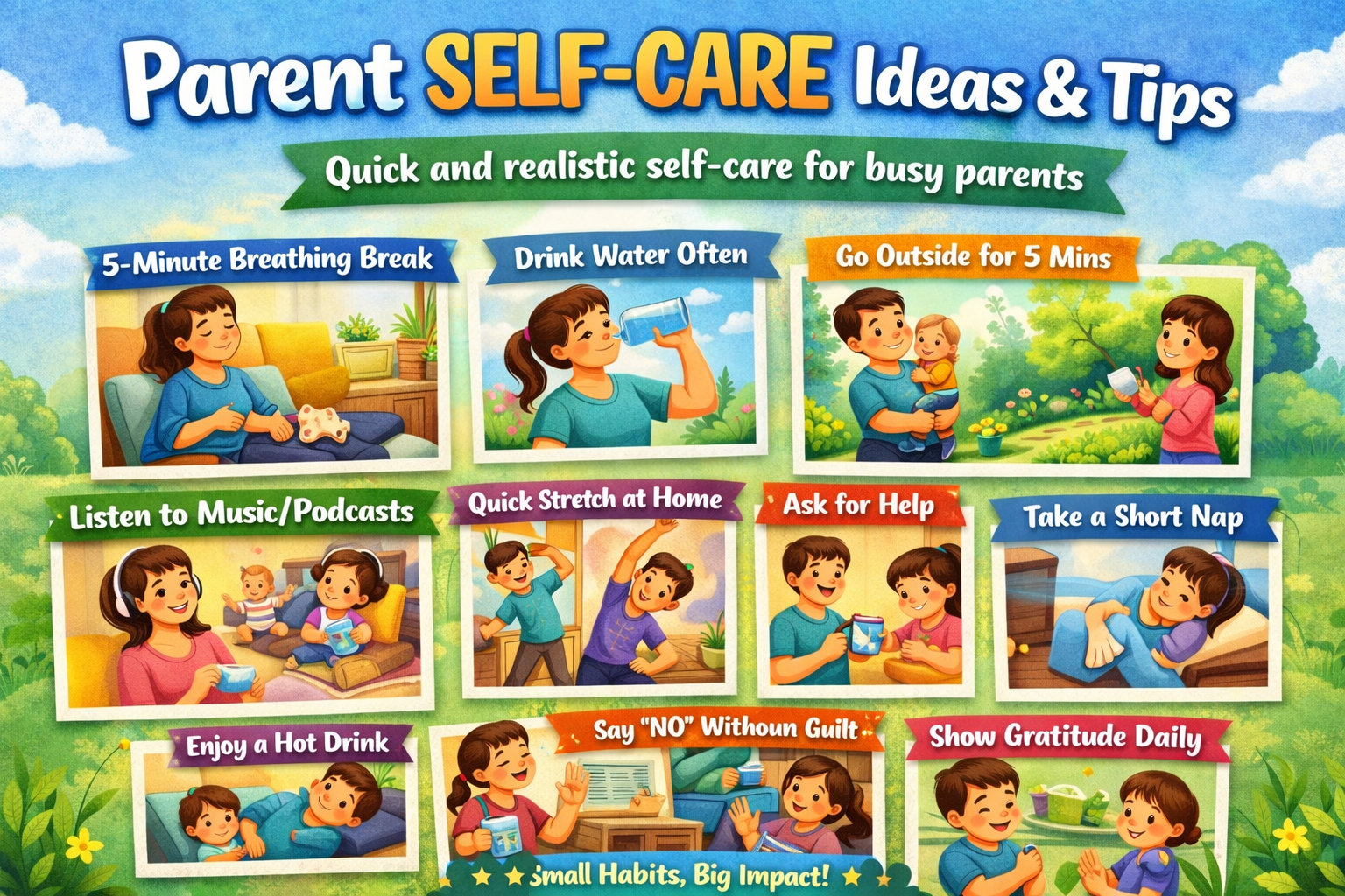 realistic self-care ideas for parents with zero time breathing exercise