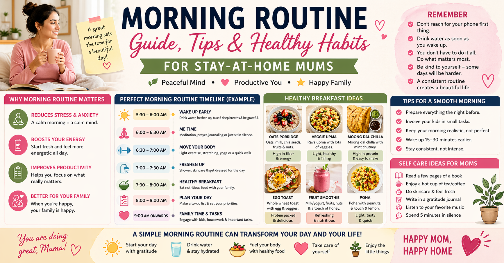 Stay-at-home mum enjoying a quiet morning routine with a cup of tea before the children wake up — calm and peaceful start to the day