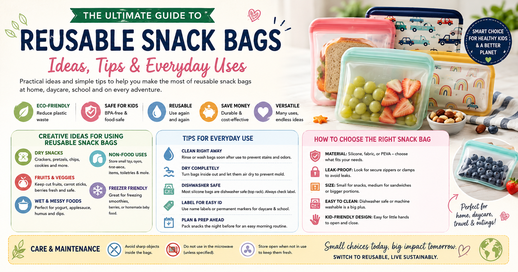 best reusable snack bags for daycare flat lay parent guide