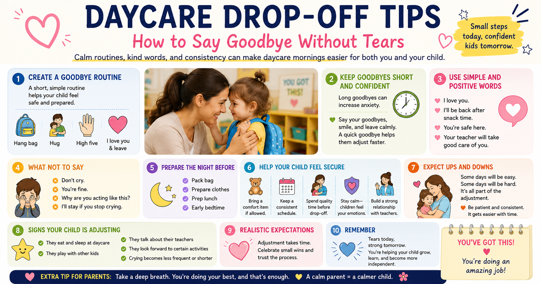 Mom practicing daycare drop off tips by getting down to child's eye level at daycare entrance