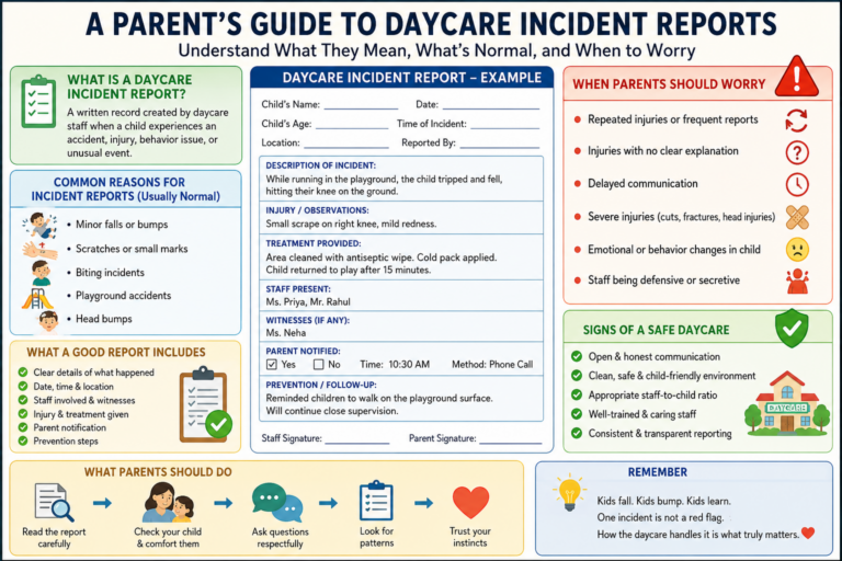daycare incident report parent reading paper at pickup