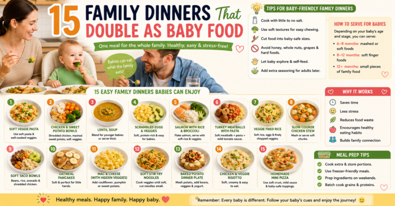 The 15 family dinners that double as baby food in this guide cover all the major food groups, top allergens, and the iron needs of a 6–12 month old.