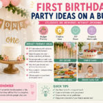 Styled birthday table with single theme — balloon garland, number '1' topper, matching plates, small floral centrepiece. Clean home background, natural light