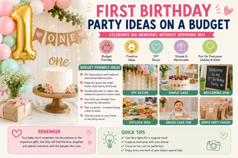Styled birthday table with single theme — balloon garland, number '1' topper, matching plates, small floral centrepiece. Clean home background, natural light