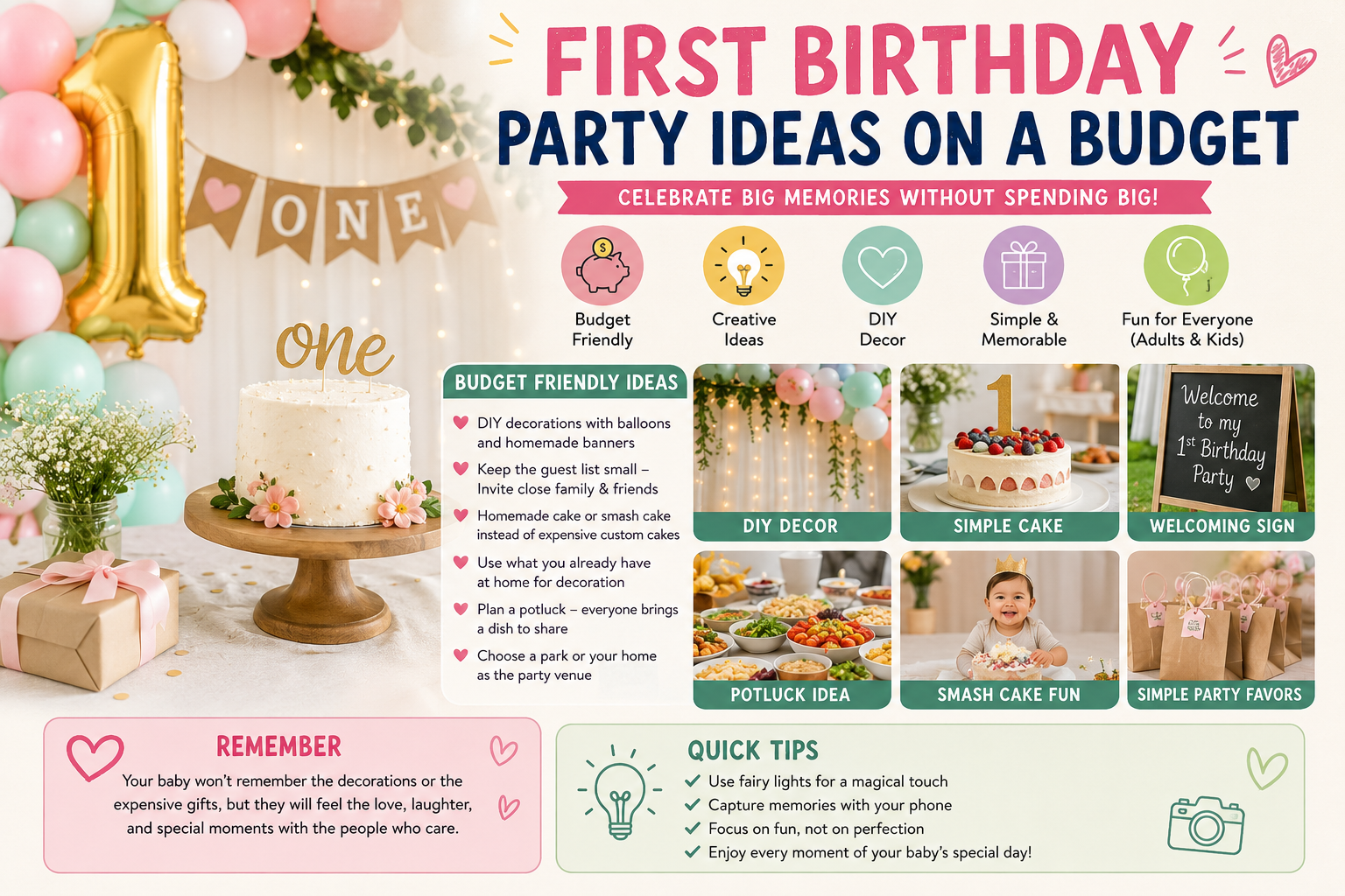 Styled birthday table with single theme — balloon garland, number '1' topper, matching plates, small floral centrepiece. Clean home background, natural light