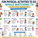 Parent and child doing jumping jacks in living room while TV plays — fun physical activities while watching TV