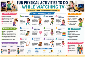 Parent and child doing jumping jacks in living room while TV plays — fun physical activities while watching TV