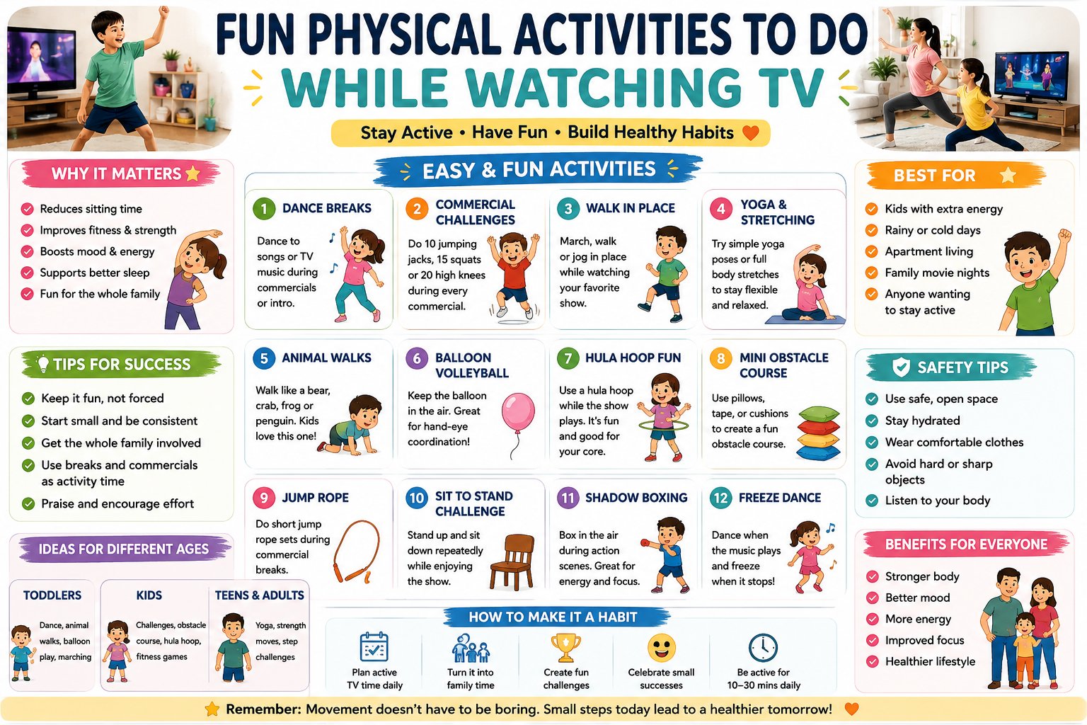 Parent and child doing jumping jacks in living room while TV plays — fun physical activities while watching TV