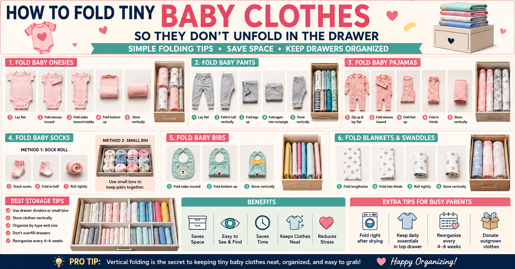 'How to fold tiny baby clothes step by step on a white table