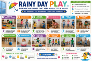 Kids playing active indoor obstacle course at home on a rainy day — indoor games that keep kids active on rainy days