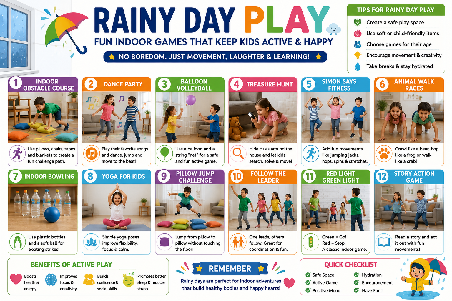 Kids playing active indoor obstacle course at home on a rainy day — indoor games that keep kids active on rainy days