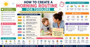 Morning routine for toddlers: laminated visual chart on wall showing daily steps from wake up to out the door