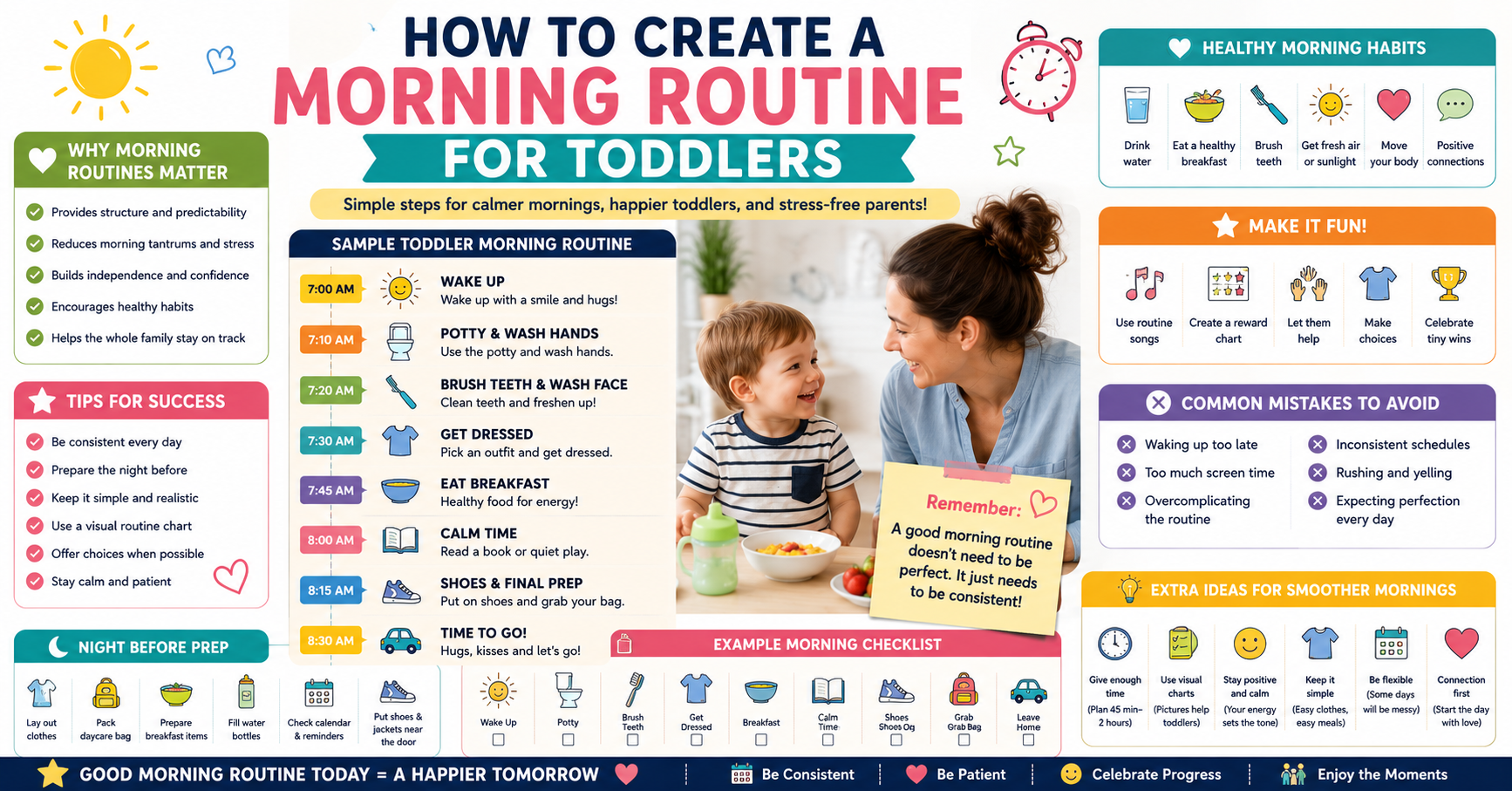 Morning routine for toddlers: laminated visual chart on wall showing daily steps from wake up to out the door