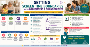 grandmother managing screen time limits with grandchild showing importance of setting screen time boundaries with babysitters and grandparents