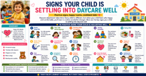 Signs your child is settling into daycare well: toddler running into nursery happily without looking back at drop-off