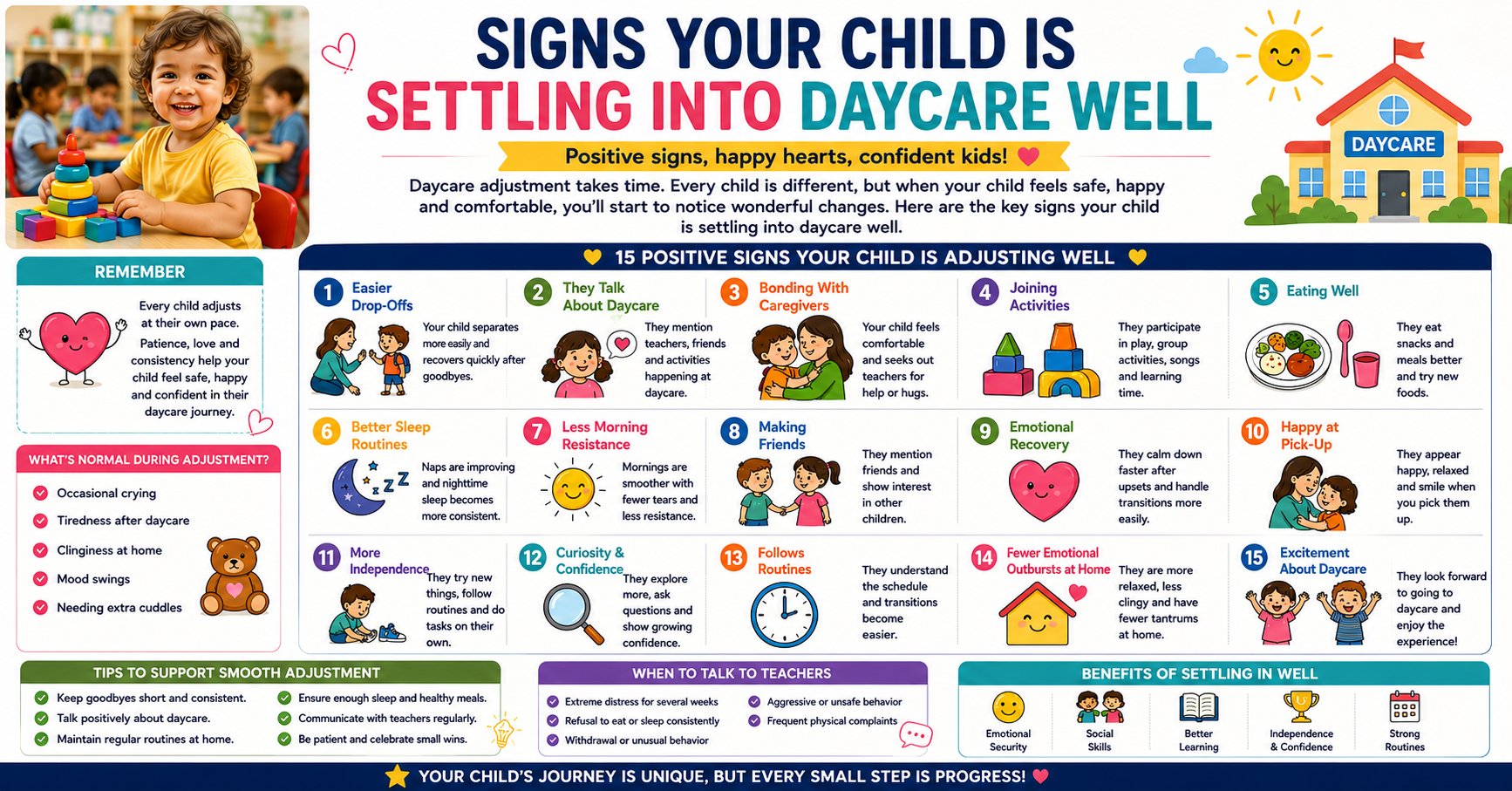 Signs your child is settling into daycare well: toddler running into nursery happily without looking back at drop-off