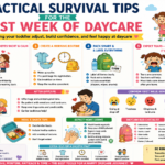 'Survival tips for the first week of daycare: mum saying goodbye to toddler at daycare door