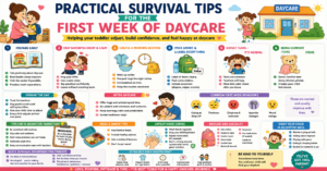 'Survival tips for the first week of daycare: mum saying goodbye to toddler at daycare door