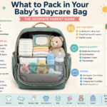What to pack in your baby's daycare bag: neatly organised bag with labelled bottles, spare clothes, and nappies