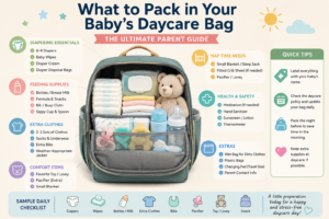 What to pack in your baby's daycare bag: neatly organised bag with labelled bottles, spare clothes, and nappies