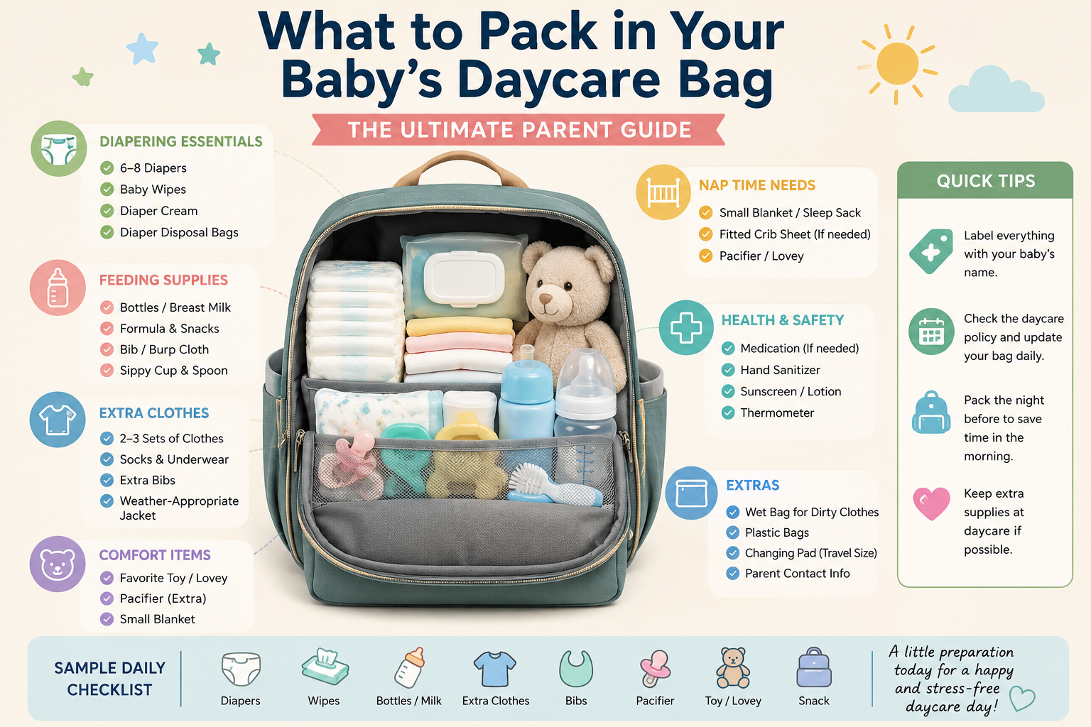 What to pack in your baby's daycare bag: neatly organised bag with labelled bottles, spare clothes, and nappies