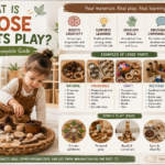 Loose parts play materials including pebbles, pine cones and sticks arranged on a sage green tray