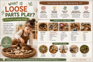 Loose parts play materials including pebbles, pine cones and sticks arranged on a sage green tray