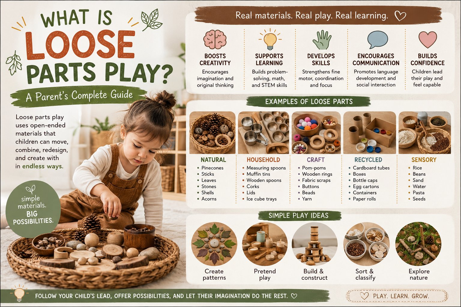 Loose parts play materials including pebbles, pine cones and sticks arranged on a sage green tray