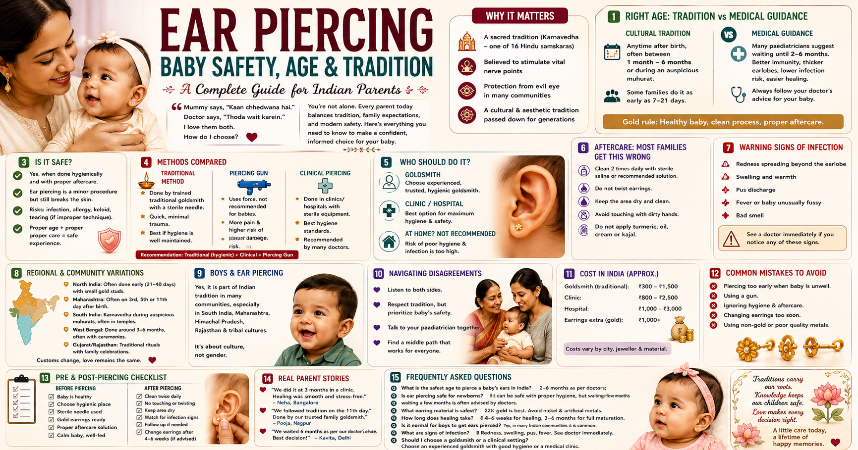 Baby ear piercing tradition and safety in India with gold earrings