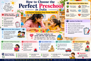 Parent visiting and evaluating a preschool classroom in India with checklist