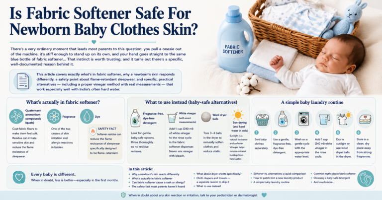 Parent adding white vinegar to the rinse cycle as a fabric softener alternative for baby clothes