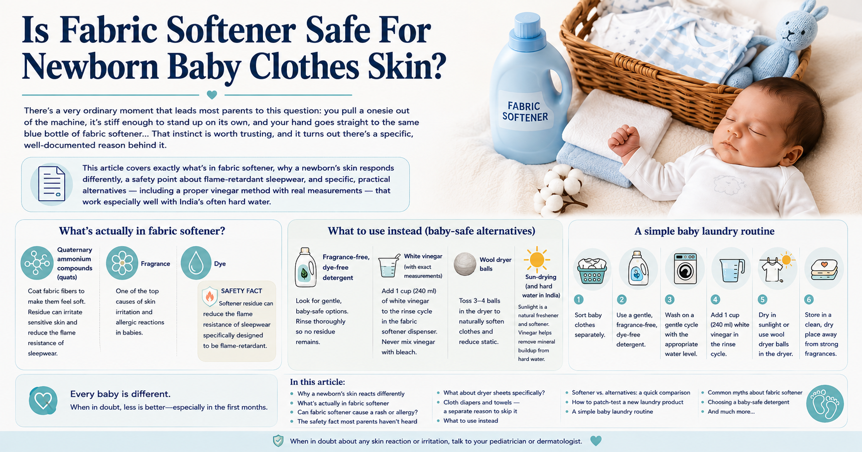 Parent adding white vinegar to the rinse cycle as a fabric softener alternative for baby clothes