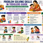Toddler concentrating while trying to fit a puzzle piece, parent watching without intervening