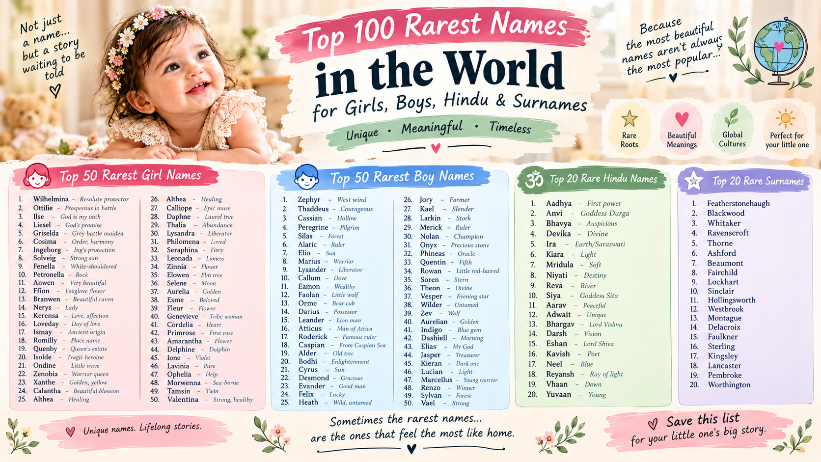top 100 rarest names in the world girls and boy