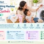 Parent selecting the baby care cycle on a front load washing machine with folded baby clothes beside it