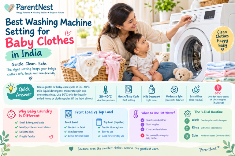 Parent selecting the baby care cycle on a front load washing machine with folded baby clothes beside it