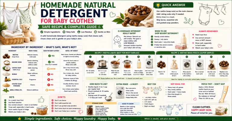 Reetha soap nuts, a muslin pouch and a glass bottle of homemade natural detergent for baby clothes beside folded onesies